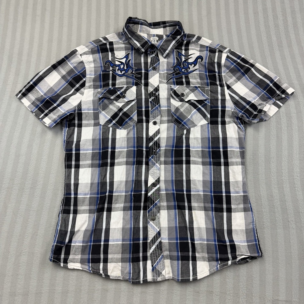 ROUTE‎ 66 Mens Medium Original Shirt Button Down Plaid Embroidered Short Sleeve
